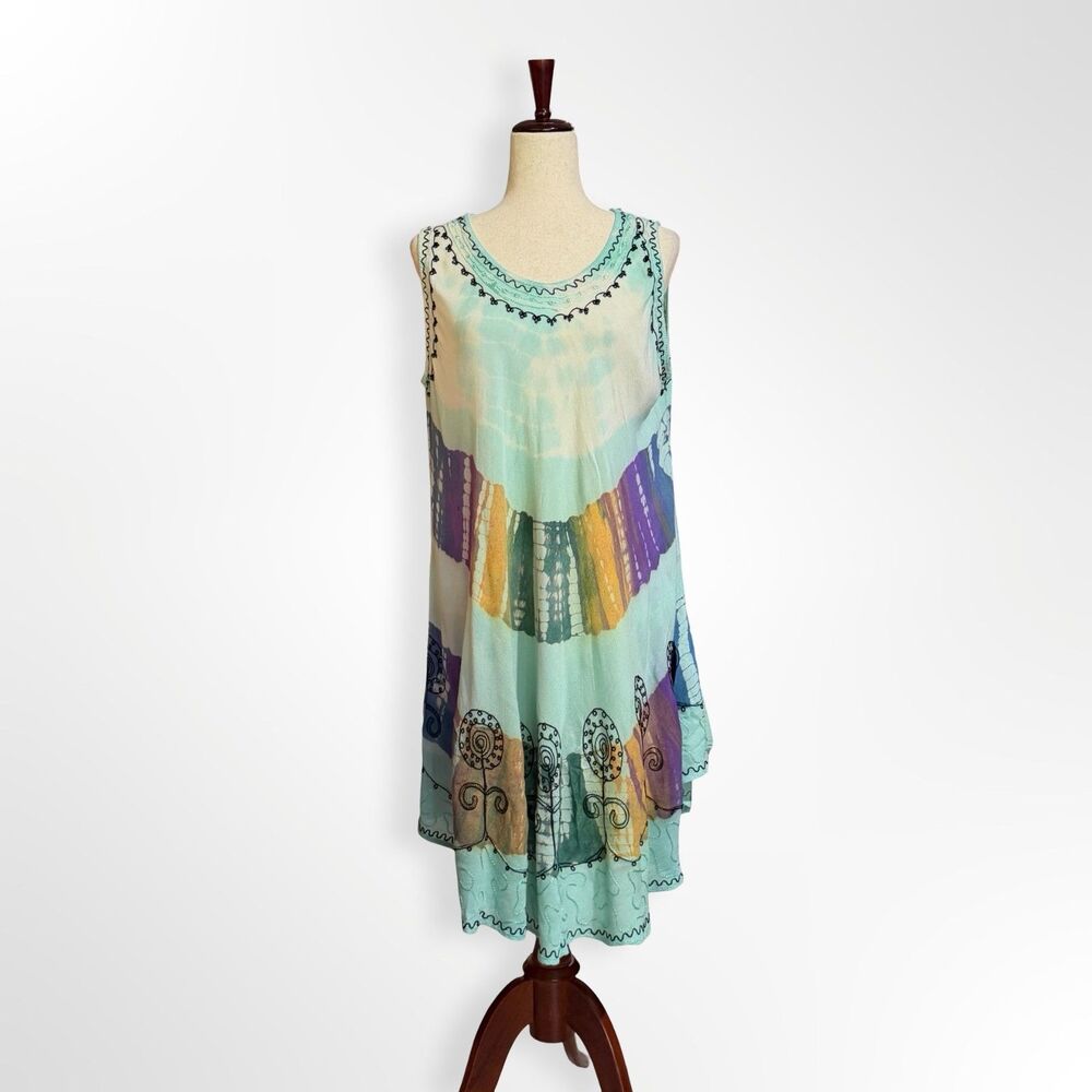 Shoreline, VTG Boho Tie Dye Blue Embroidered Sleeveless Swing Dress OS Festival